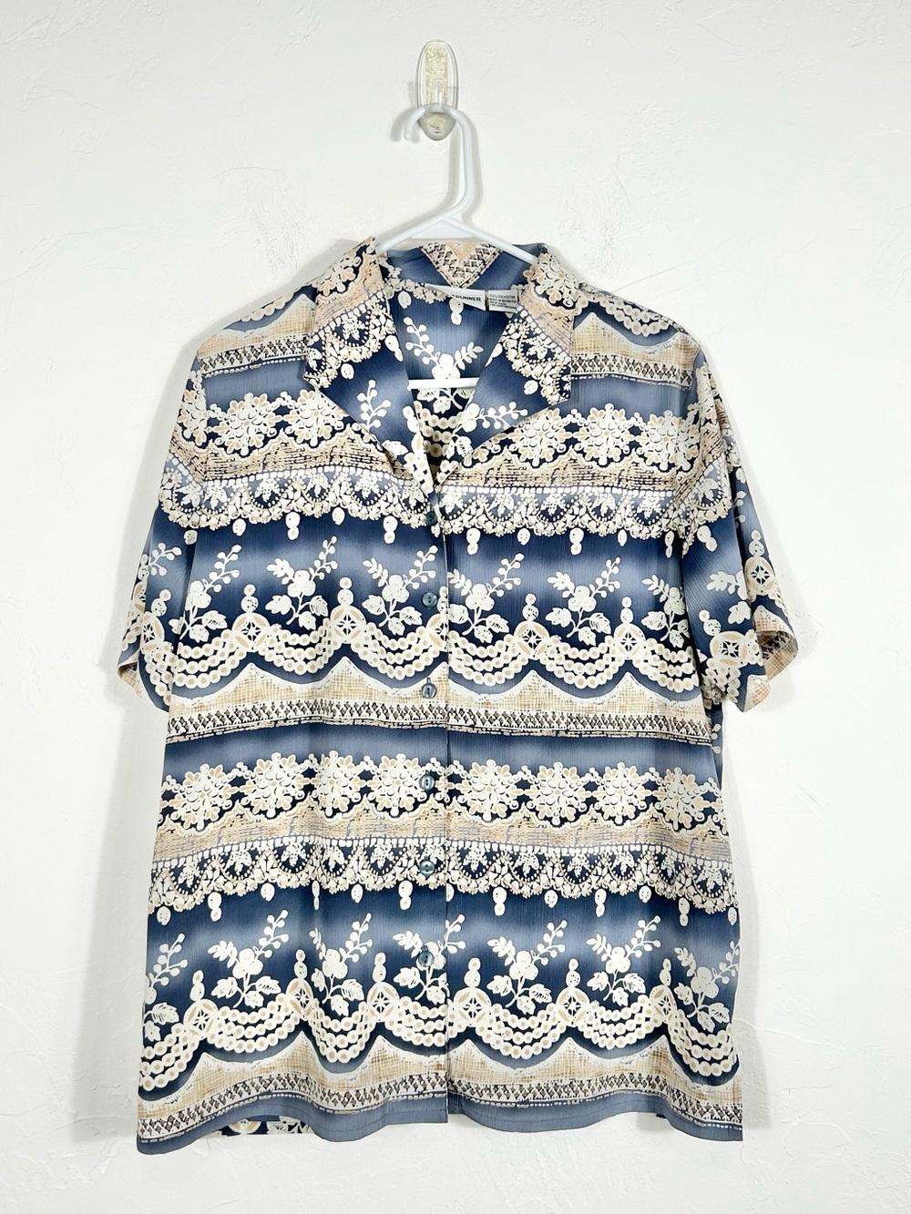 Vintage Alfred Dunner Blue Cream Lace Print Chiffon Button Up Shirt 12